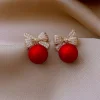Boucles d'oreilles de no&euml;l en zircon brillant, n&oelig;ud boule rouge