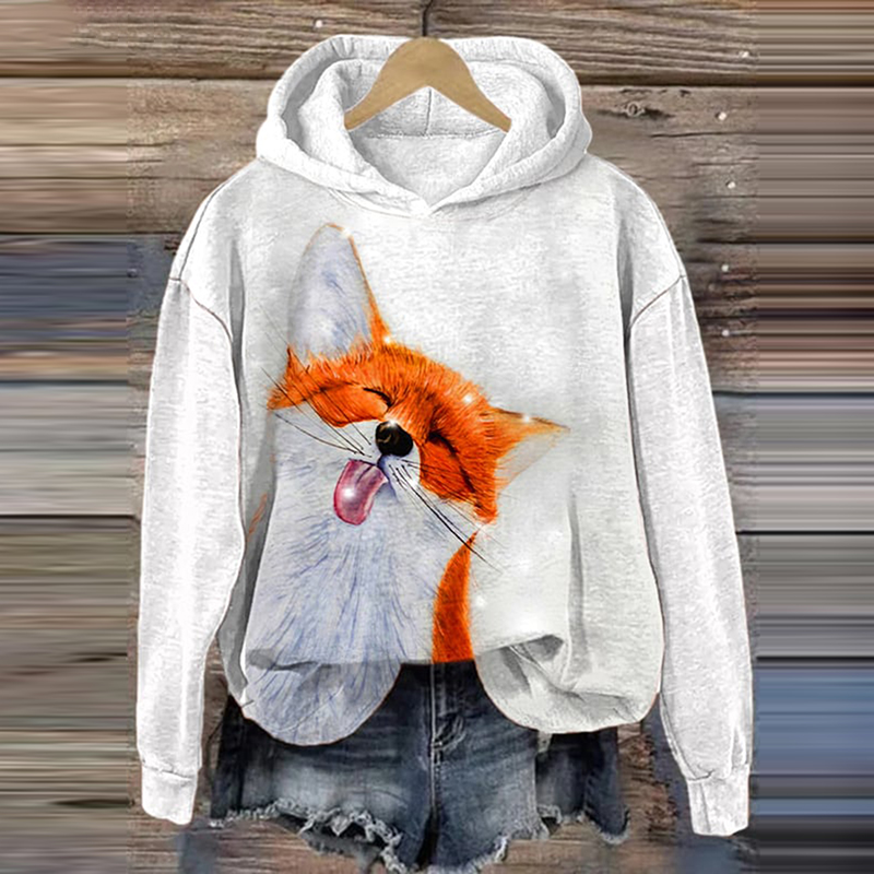 Cute Fox Print Long Sleeve Casual Hoodie artswardrobe