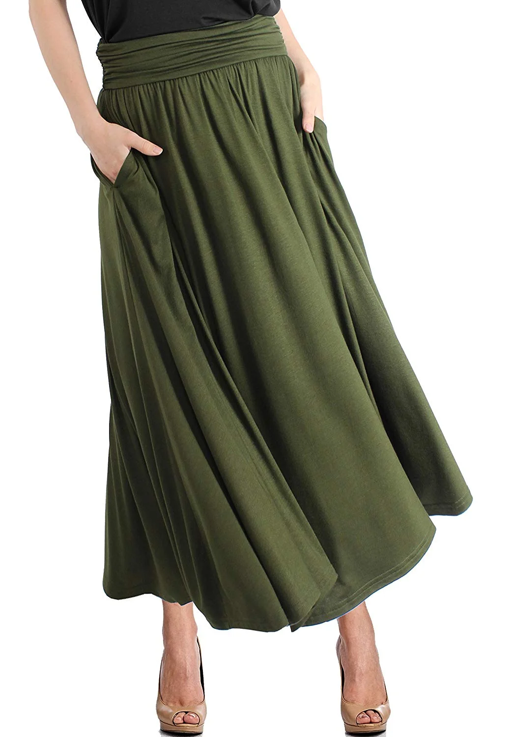 Women's High Waist Fold Over Pocket Shirring Skirt