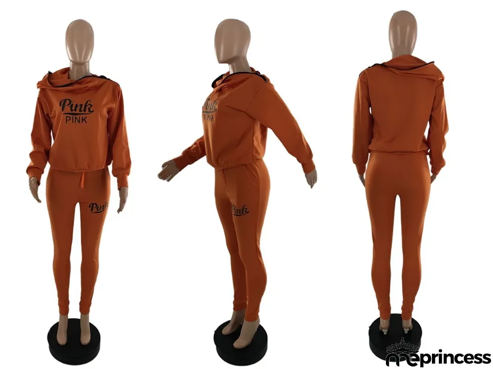 Plus Size Pink Letter Print Casual Two Piece Pants Set