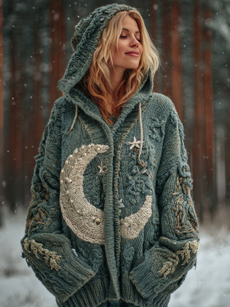 Women's Star And Moon Element Winter Warmth Knit Hooded Cardigan Sweater Jacket