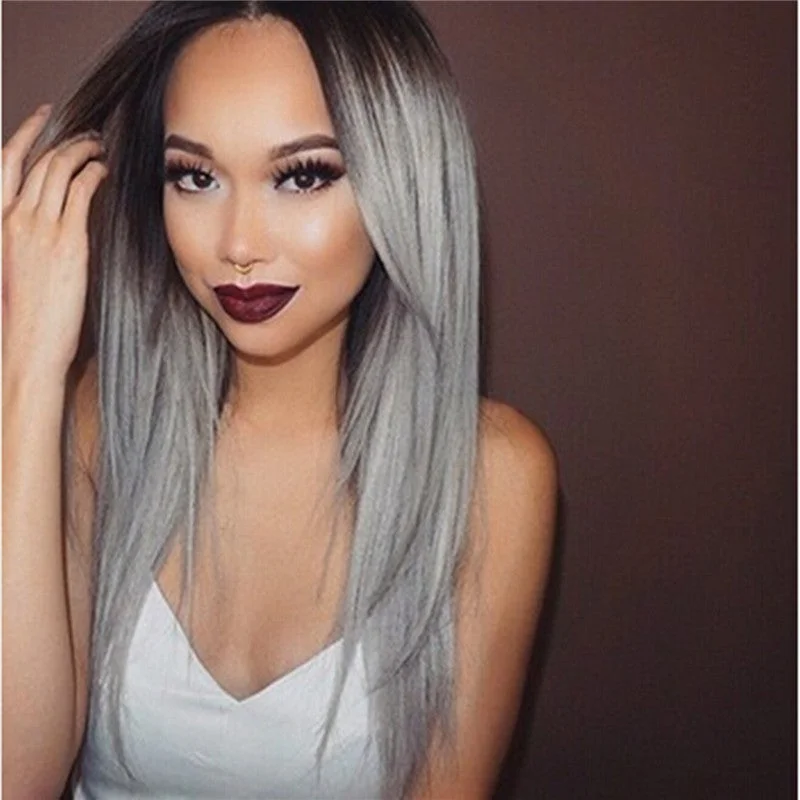 Black-gray Gradient Medium-long Hair Wig In Fake Headgear | EGEMISS