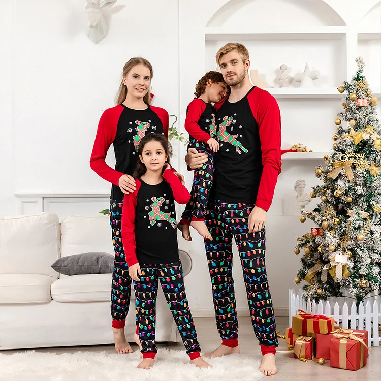 Cute Reindeer Top And Christmas Light Pants Family Matching Pajamas Sets