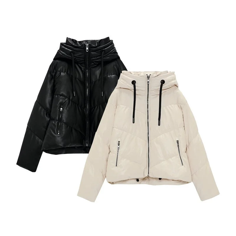 FTLZZ Autumn Winter Women Hooded Zipper Black Faux Leather Cotton Coat Casual Female Thick Warm Short Jacket Windproof Outwear