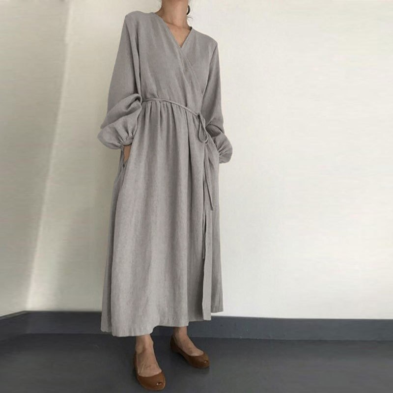 Women's Lantern Sleeve Sundress kalenmos Autumn Kaftan Linen Maxi Dress Casual Long Vestidos Female V Neck Robe Belted Plus Size