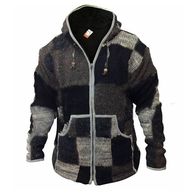 Patchwork Standard Color Block Hooded Zipper Men's Sweater