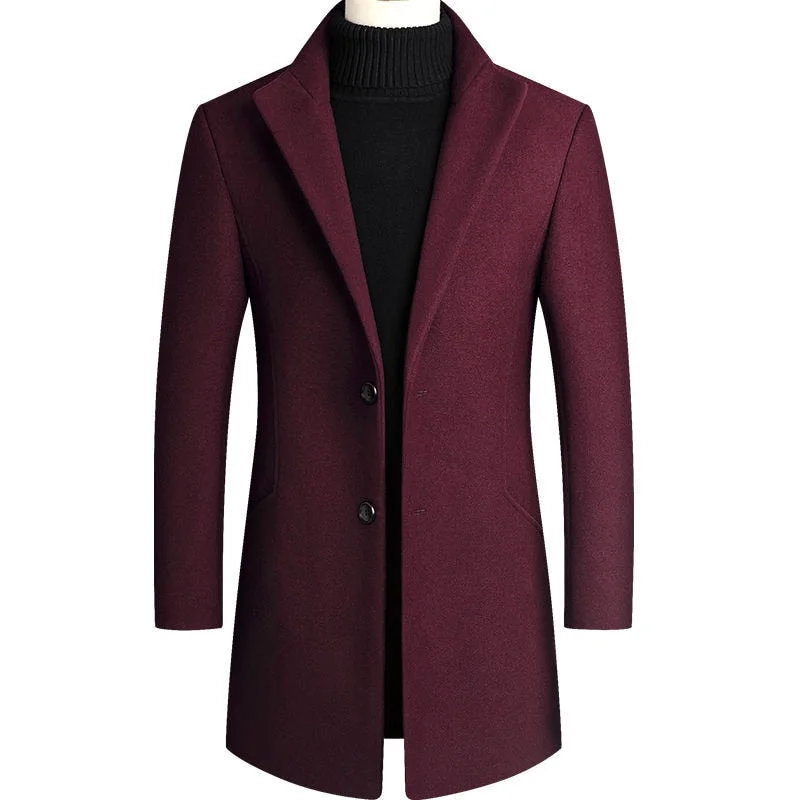 Huiketi Autumn Winter Long Overcoat Men Fashion Slim Fit Long Wool Blends Coats Men Solid Business Causal Windbreaker Jackets Men