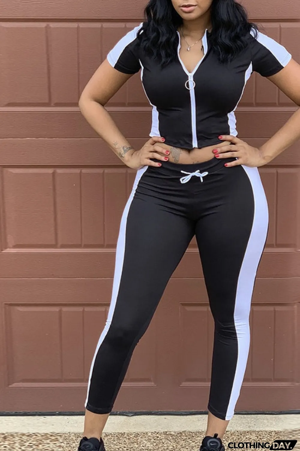 Black Polyester Fashion Casual zipper Patchwork Plus Size