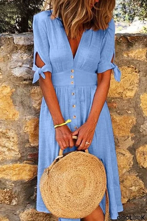 Knot Sleeve High Waist Midi Dress