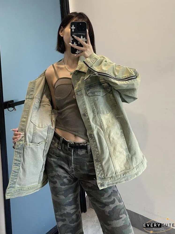 Streetwear Green Jeans Jackets Women Long Sleeve Korean Style Ladies Denim Coat Outwear