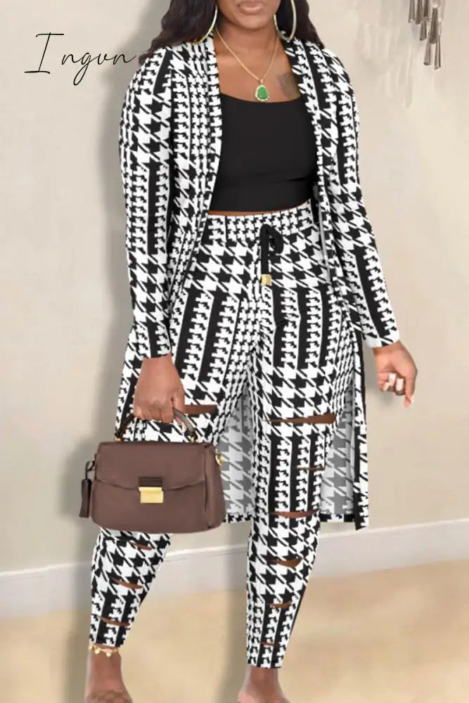 Ingvn - Black White Elegant Print Patchwork Draw String O Neck Plus Size Three Pieces / Xl Plus