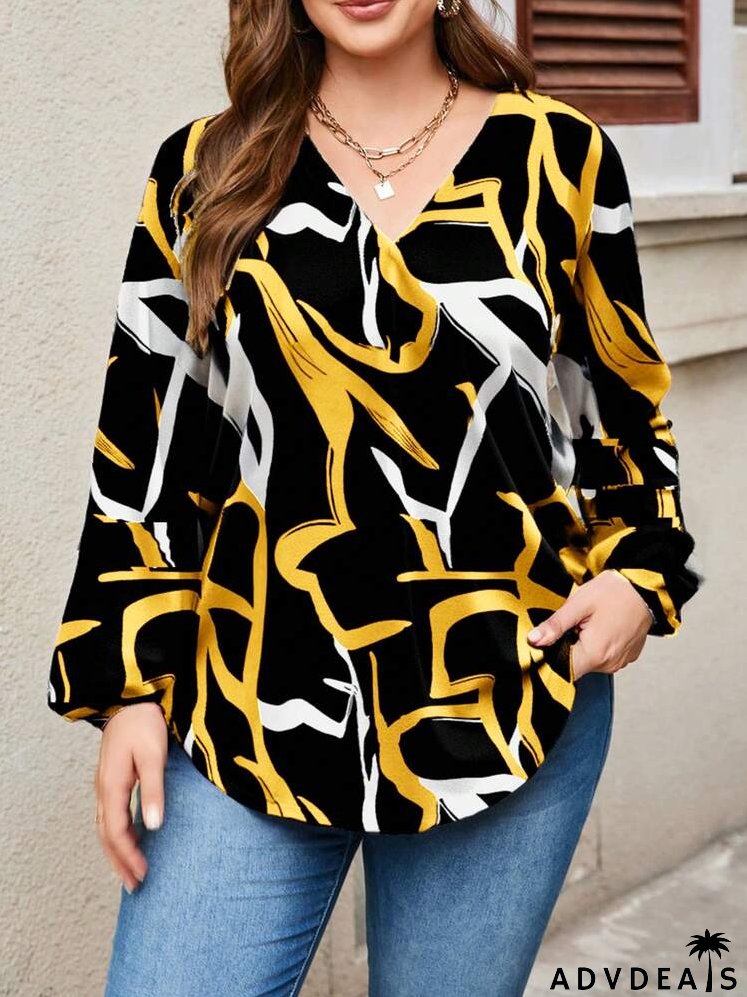 Plus Size Women's Asymmetrical Line Print V-Neck Lantern Sleeve Loose Casual Long Sleeve Blouse, Fall Clothes
