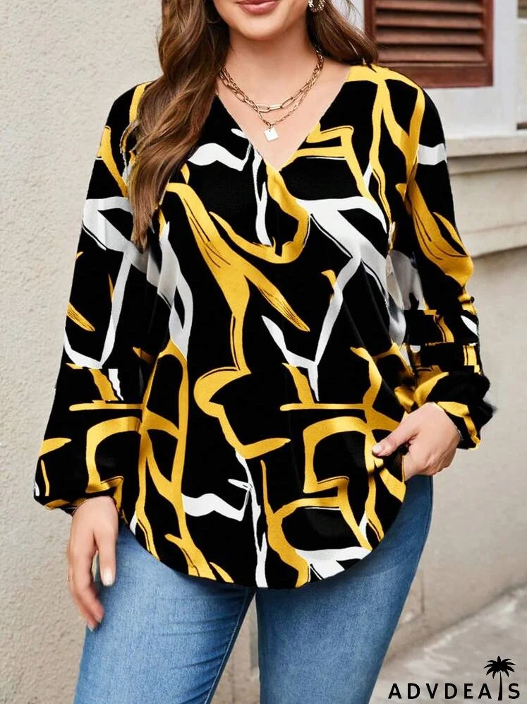 Plus Size Women's Asymmetrical Line Print V-Neck Lantern Sleeve Loose Casual Long Sleeve Blouse, Fall Clothes