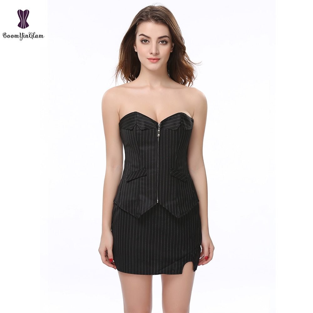 Black Pinstriple Corset Dress Office Women Lace Up Bustier Suit Costume Lady Slim Set Waist Overbust Burlesque Corset Skirt 801#