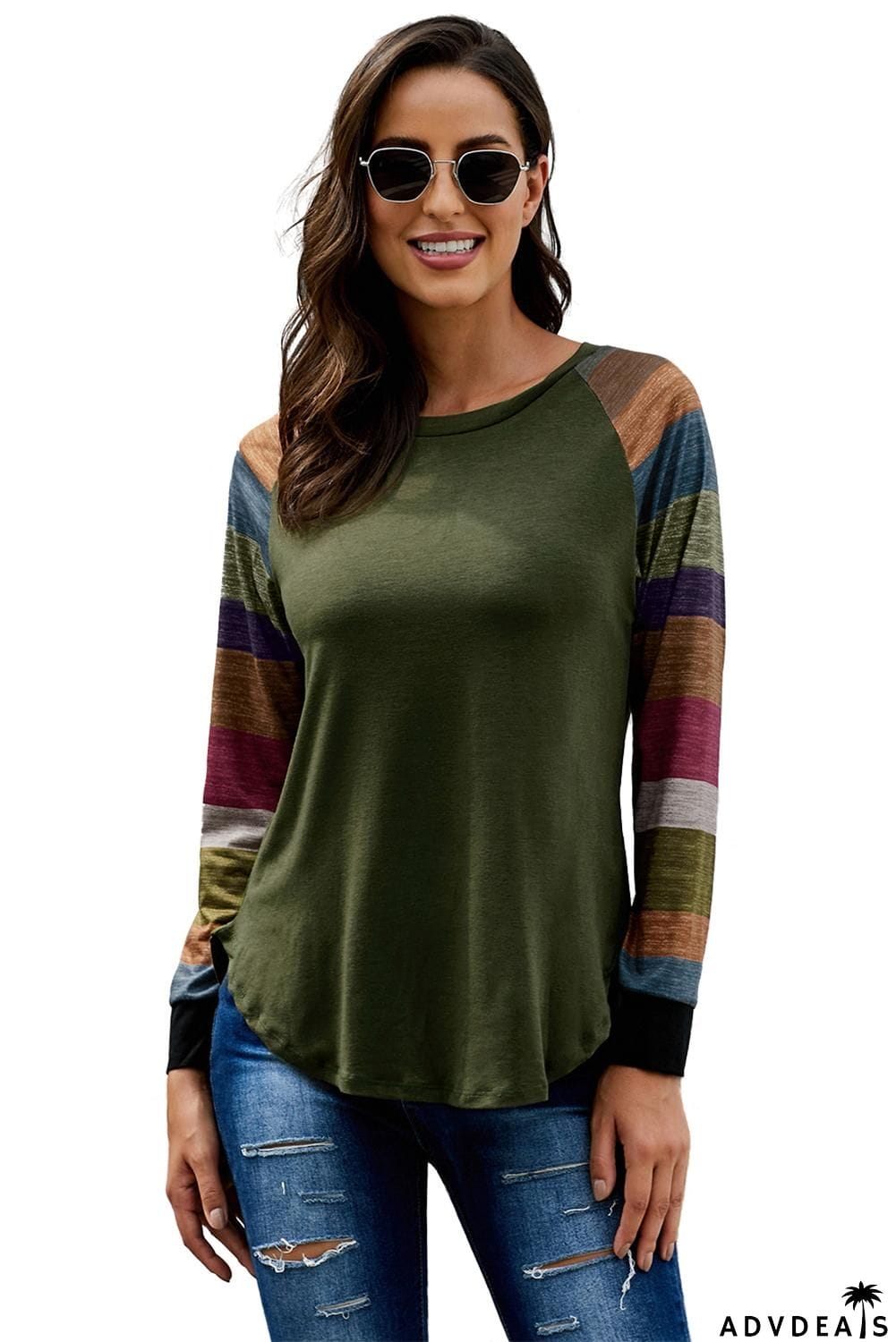 Green Color Block Long Sleeves Pullover Top