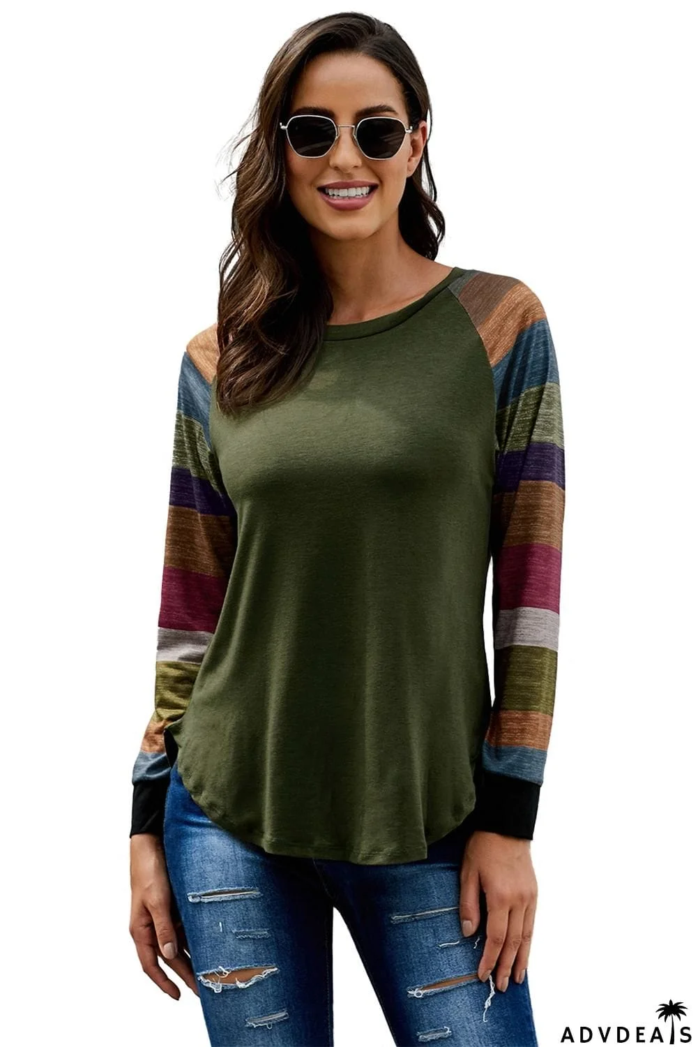 Green Color Block Long Sleeves Pullover Top