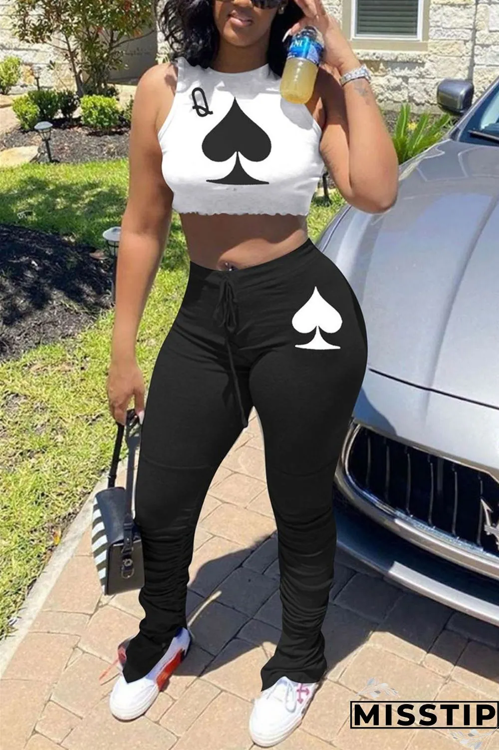 Pink Elastic Fly Mid Print Boot Cut Pants Bottoms