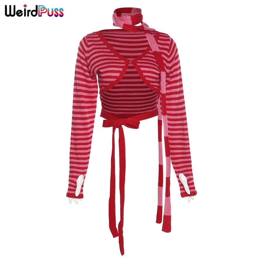 Weird Puss Y2K Knitted Striped Women Crop Top Bandage Autumn Trend Skinny Casual Streetwear Wild Long Sleeve Hot Street T-Shirt