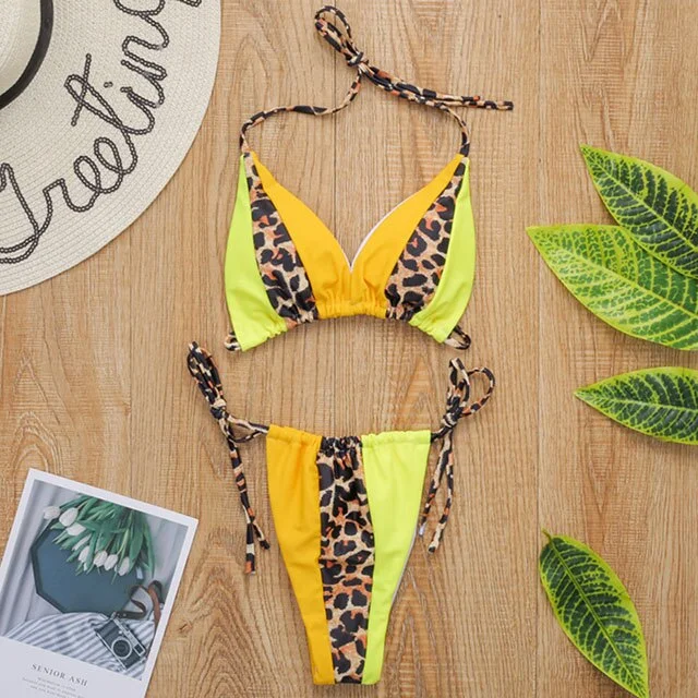 Zebra Print Halter micro Bikini 2022 women Bandeau String Swimsuit Female swimwear Neon Shiny bikini set Leopard Bathing Suit