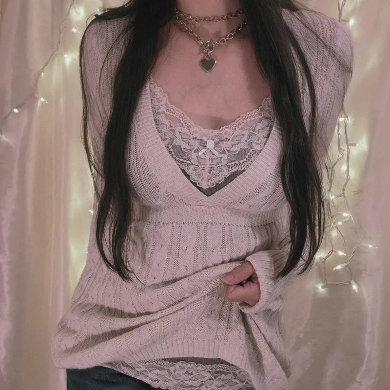 Fairycore Y2K Grunge Vintage Knitted Sweater Chic Women 90s Vintage V Neck Pullovers Aesthetics Retro Cute Jumpers Knitwear LANFUBEISI