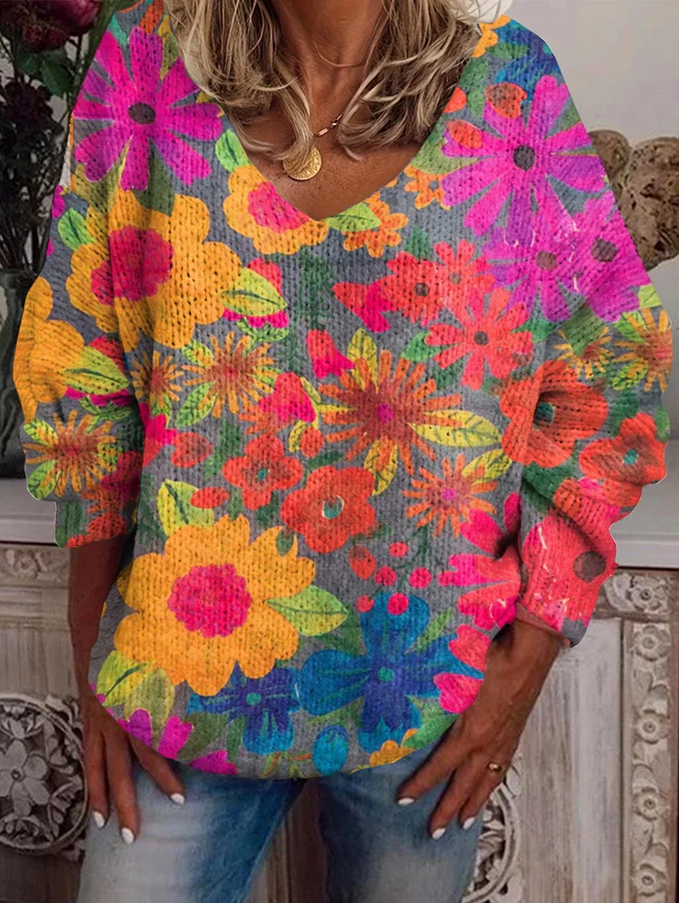 Bohemian Floral Print V-Neck Long Sleeve Sweater