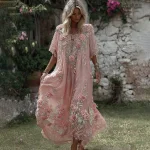 Women's Vintage Boho Floral Art Flowy Linen Blend Casual Short Sleeve Maxi Dress - Image 2