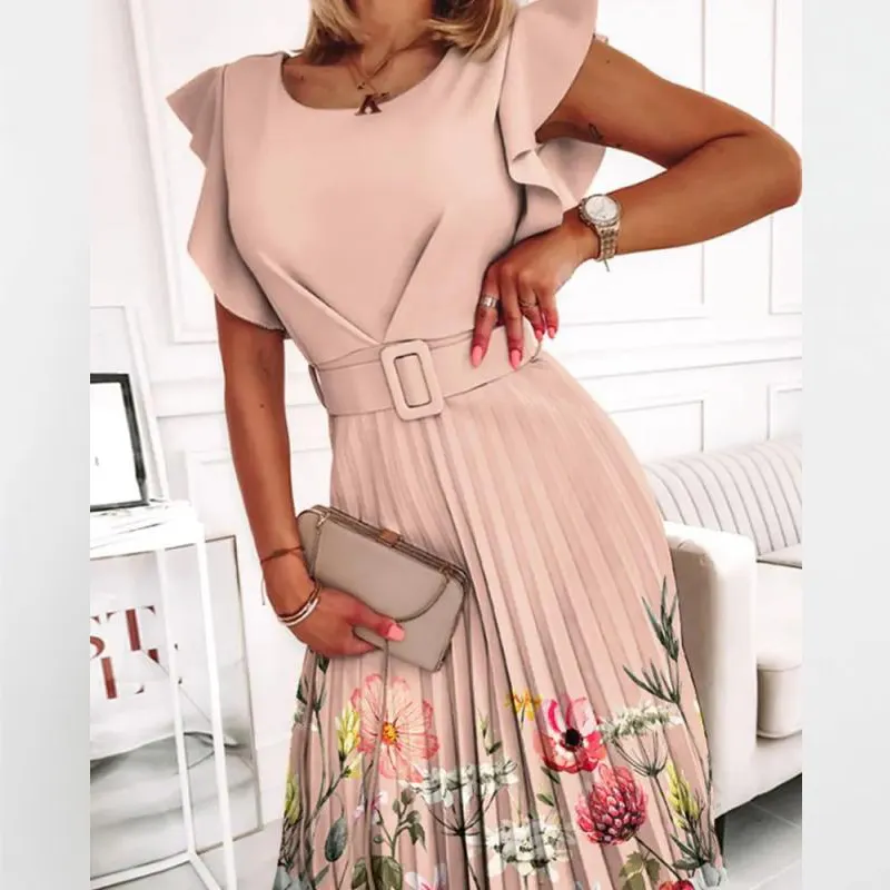 Beautiful Pleated Print Dress For Women summer new crew neck waist belt ruffled short fly
