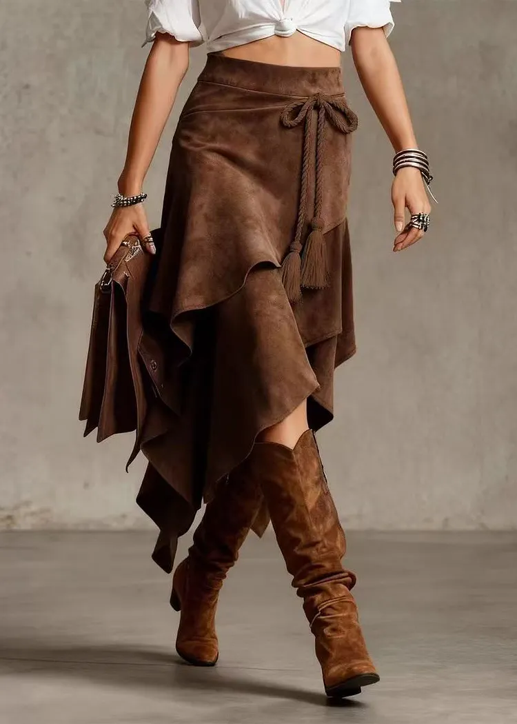 Style Khaki Asymmetrical Lace Up Layered Faux Suede Skirt Fall