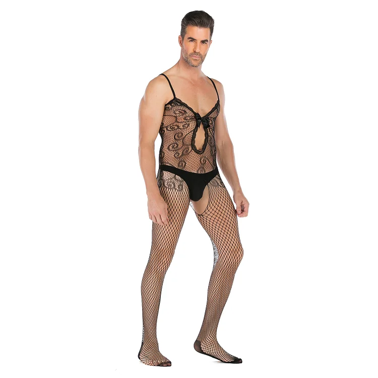 Men's Half Sleeve Open Front Erotic High Stretch Jacquard One-piece Netsuit