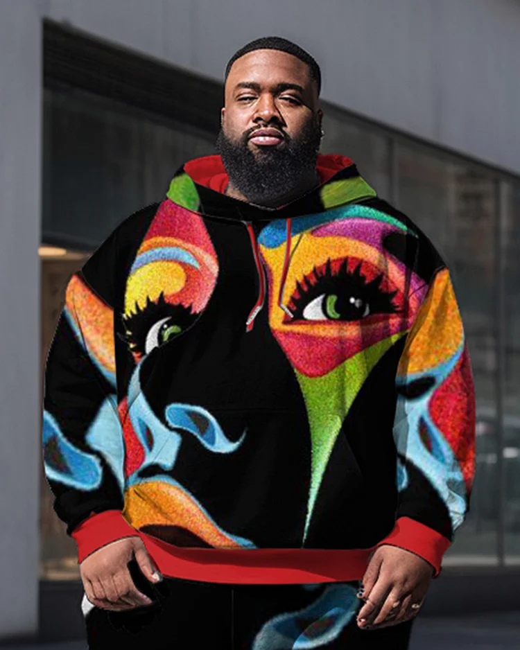 Plus Size Men's  Abstract Face Art Sweatershir Two-Piece Set