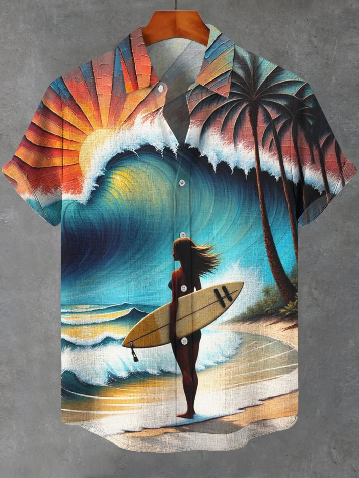 Men's Girl Surfing Oil Painting Art Print Casual Shirt