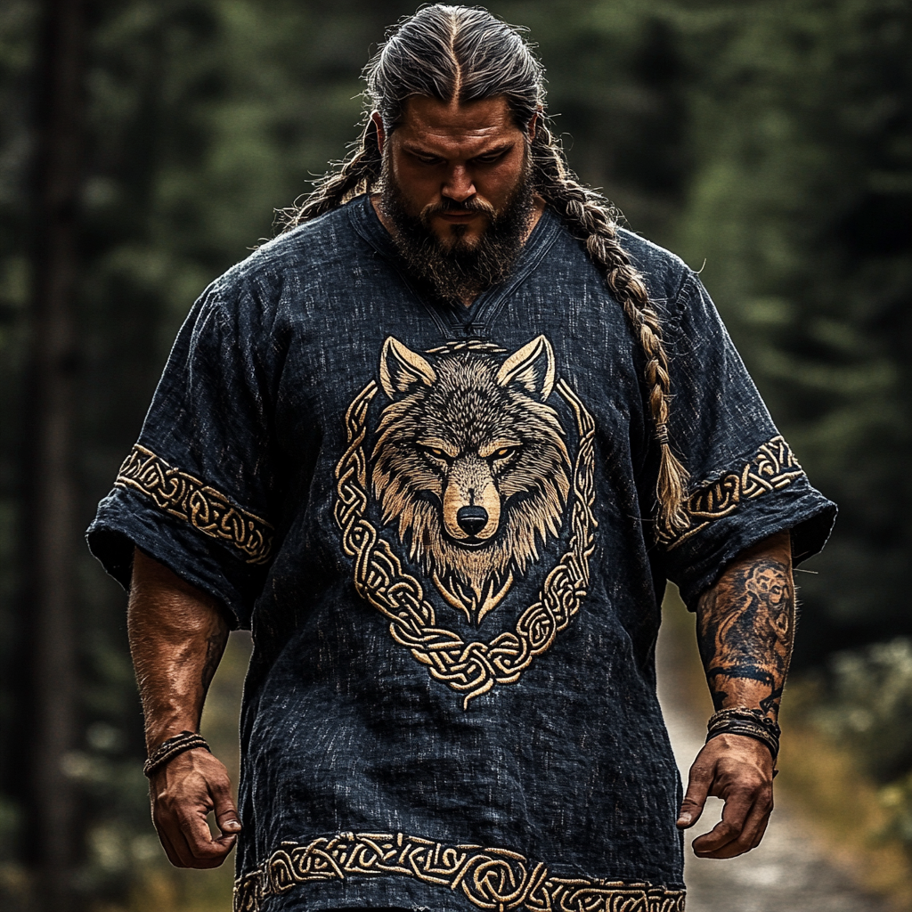 Men's Vintage Viking Celtic Knot Wolf Head V Neck Plus Size T-shirt elevenforest