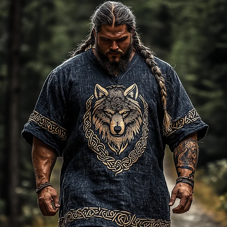 Men's Vintage Viking Celtic Knot Wolf Head V Neck Plus Size T-shirt