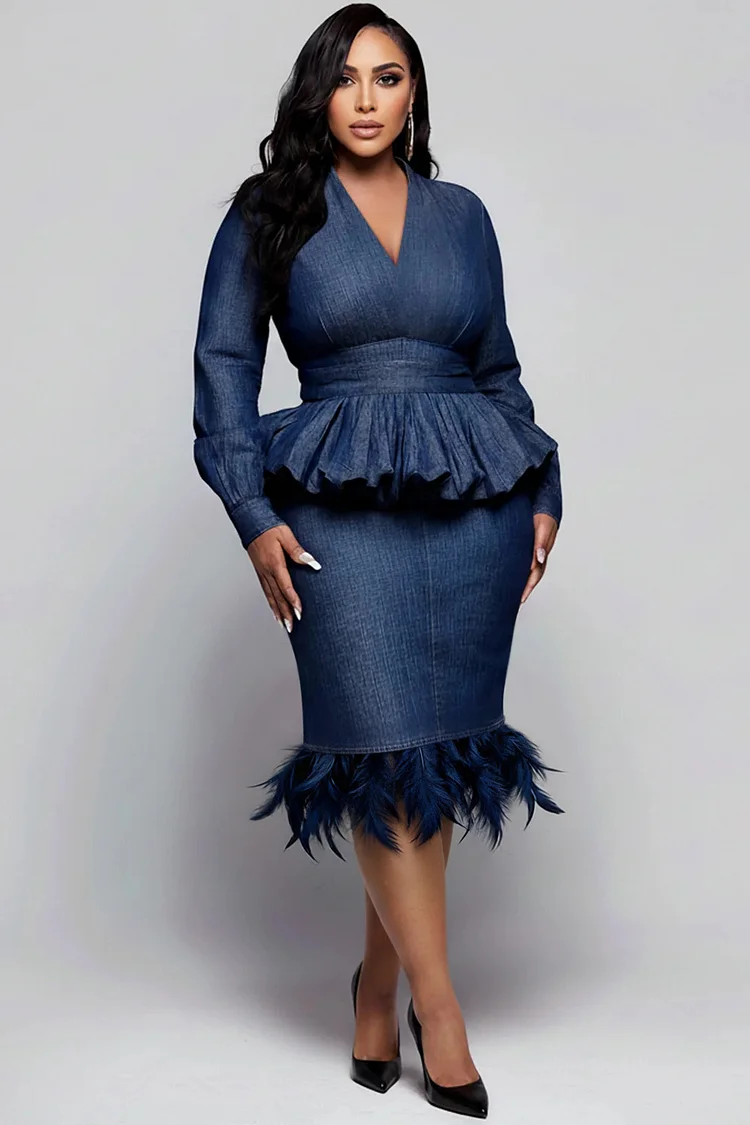 Xpluswear Design Plus Size Cocktail Party Blue V Neck Long Sleeve Feather Elegant Ruffle Tencel Denim Midi Dresses 2024 - Xpluswear