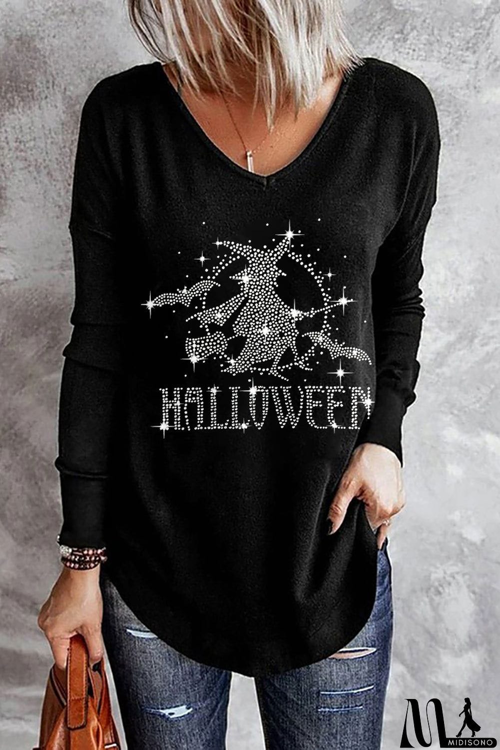 MidiSono - Halloween Witch Shining Graphic Print V Neck Top