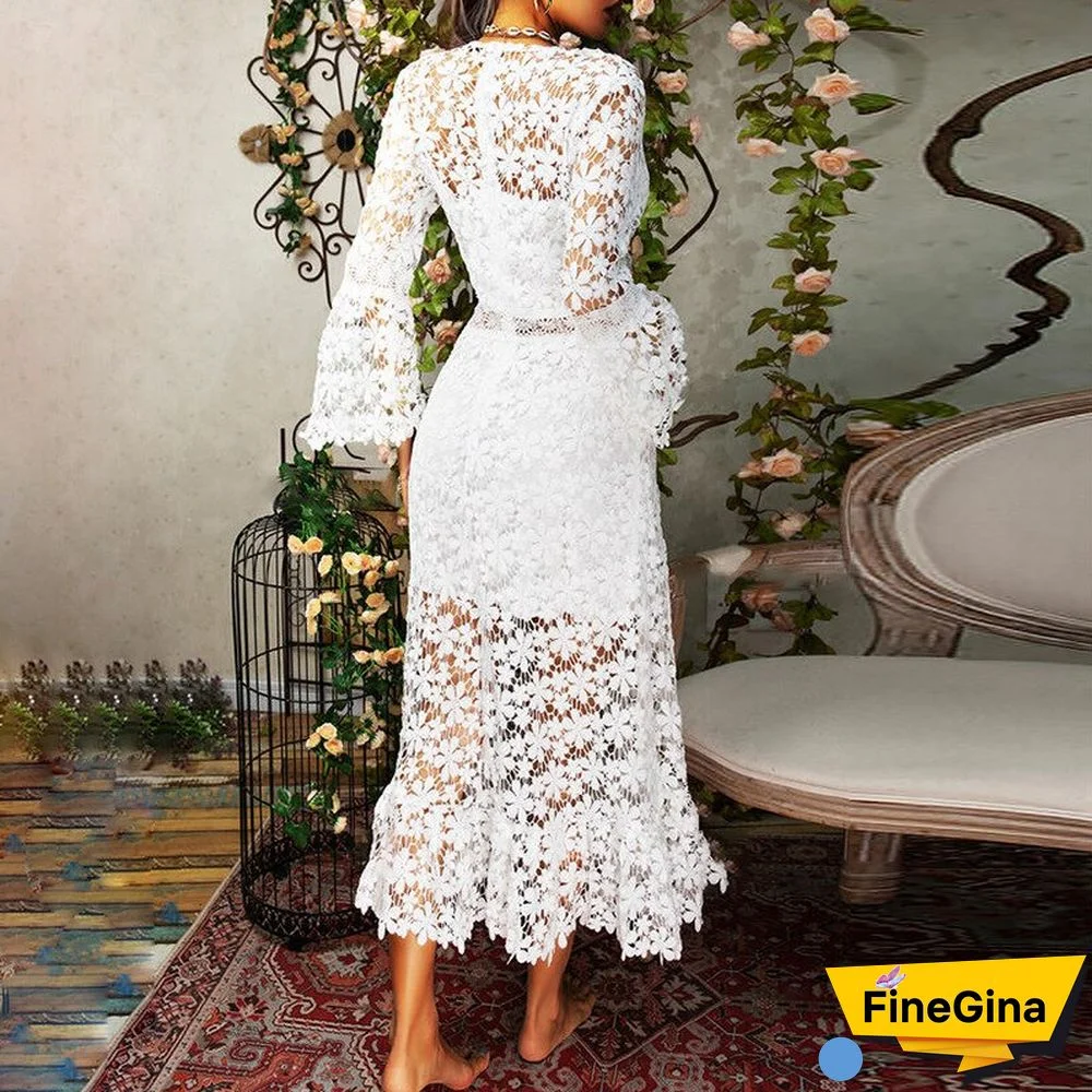 Autumn Sexy Lace Slim Long Sleeve Solid V-neck Women Long Dress Spring Fashion Casual Flare Sleeve Hollow Out Party Dress Ladies