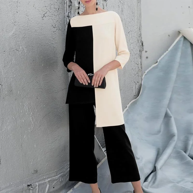 ZANZEA Two Piece Sets Womens Urban Tracksuit Elegant 3/4 Sleeve Patchwork Blouse Pant Sets Fashion Spring OL Work Suits Outifits