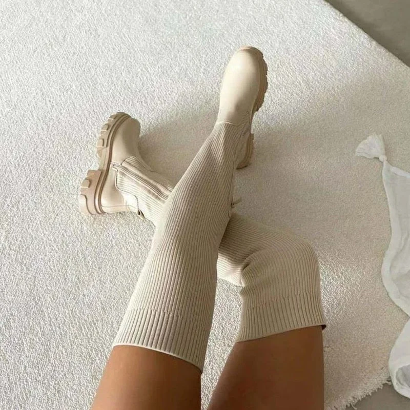 Ladies Knee High Boots Womens Thick Heel Slim Winter Plus Velvet Stretch Boots High Heel Large Size Suede Boots Plus Size