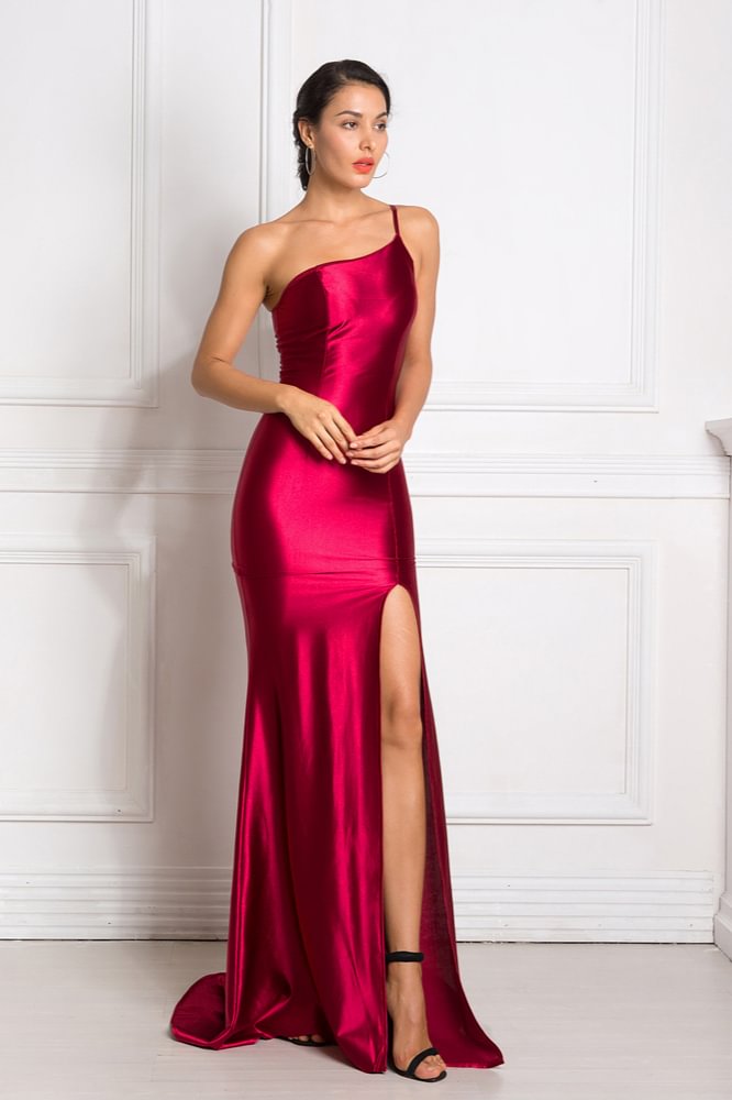 Elegant One Shoulder Mermaid Prom Dress Long With Split - lulusllly