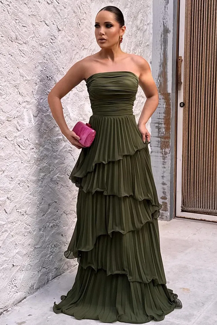 Solid Ruched Tiered Strapless Slim Fit Elegant Prom Dress