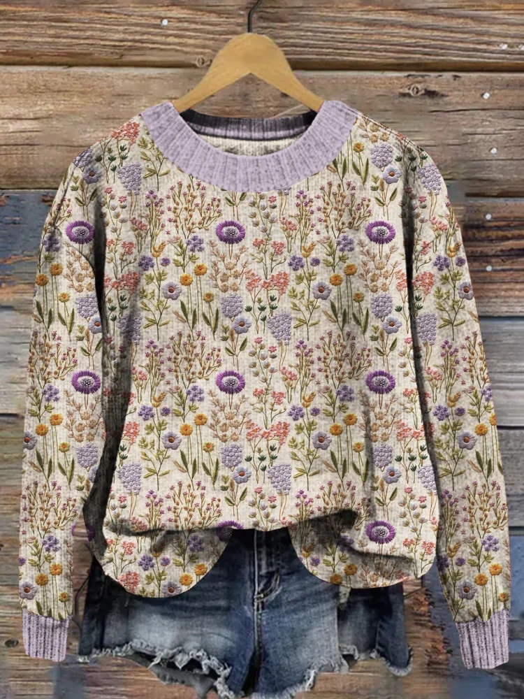 VChics Spring Lavender Embroidery Art Comfy Knit Sweater