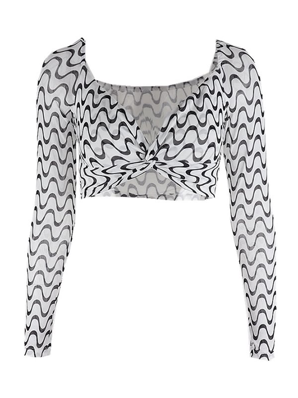 Sexy V-Neck Low-Cut Wave Print Twisted Long Sleeve Top