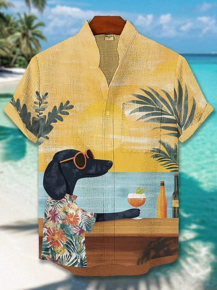 Men's Dog Wearing A Hawaiian Shirt Vacation Style Print Short Sleeve Shirt