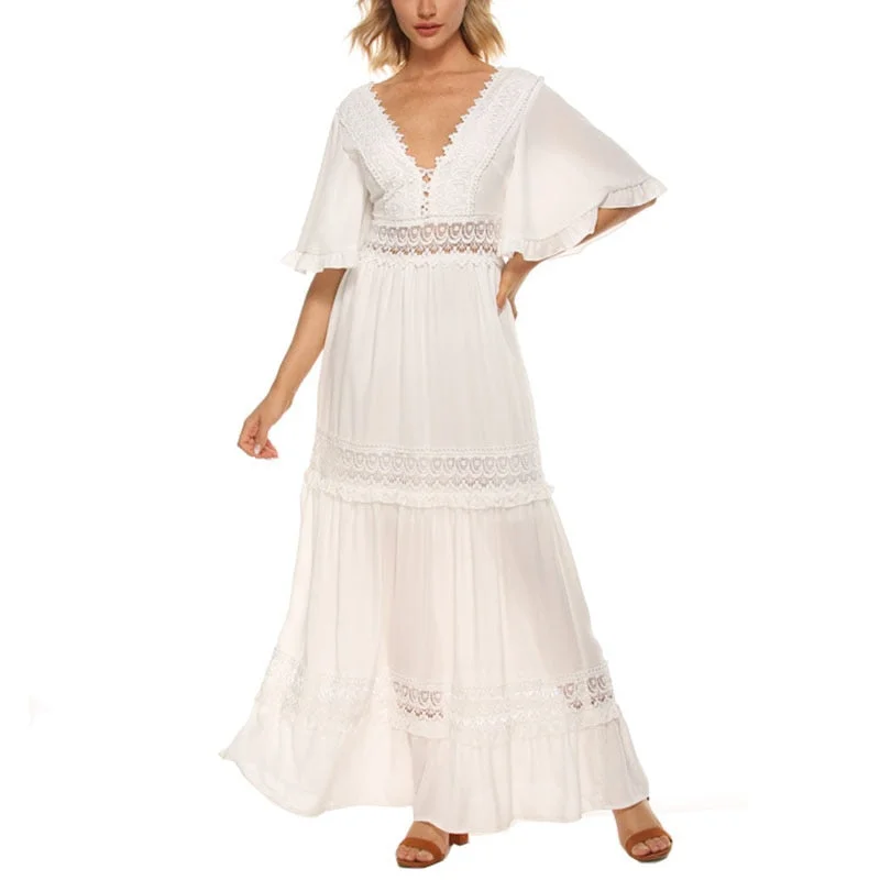 Ordifree 2022 Summer Women Long Chiffon Dress White Lace Sexy Maxi Tunic Beach Dress Holiday Clothes