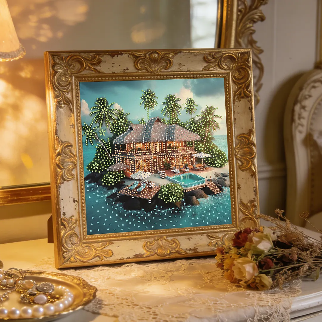 Tropical Beach Villa Special Shaped DIY Partial Drill Diamond Painting Kits for Adults Beginners Home Decor Diamonds Paintings Gem Art 30x30cm