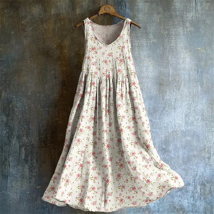 Simpfit Vintage Cottagecore Floral Flowy Nachahmung aus Baumwolle und Leinen Tank Kleid