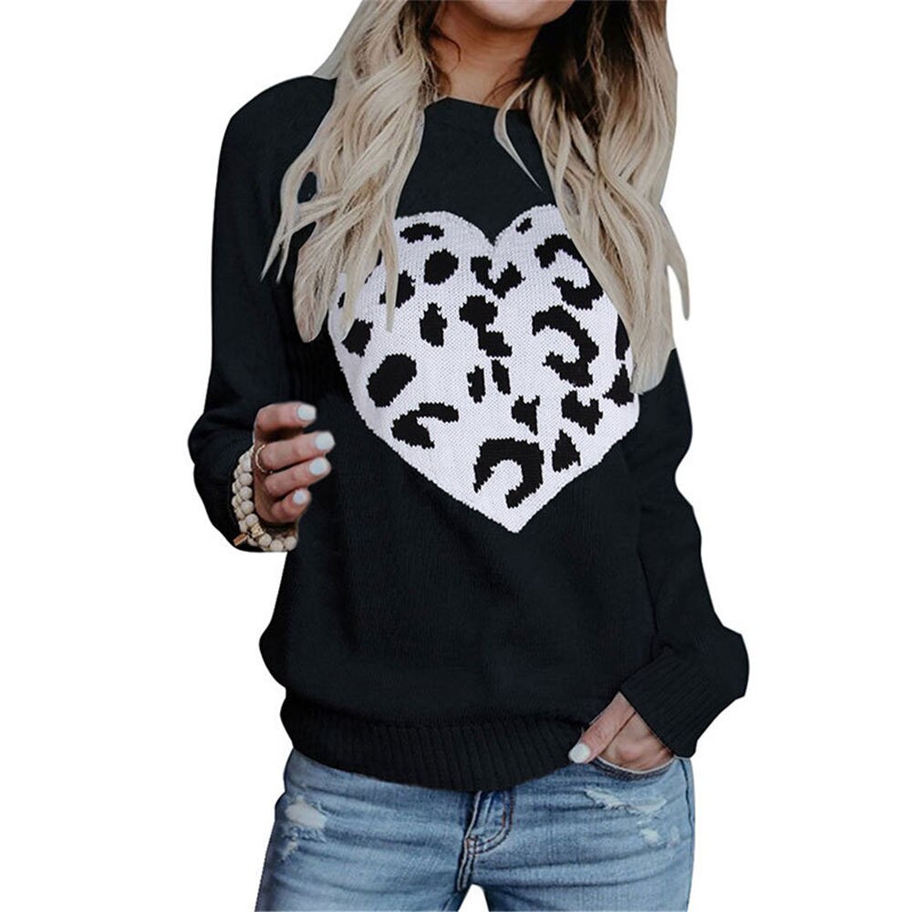 Women Winter Sweater Heart Leopard Chic Knitted Pullover Ladies Popular Streetwear Warm Tops Knitting Pull Sweaters