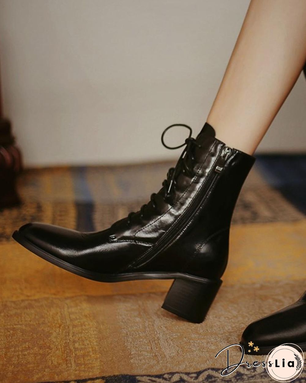 Pointed-toe Solid Color Lace-up Martin Boots