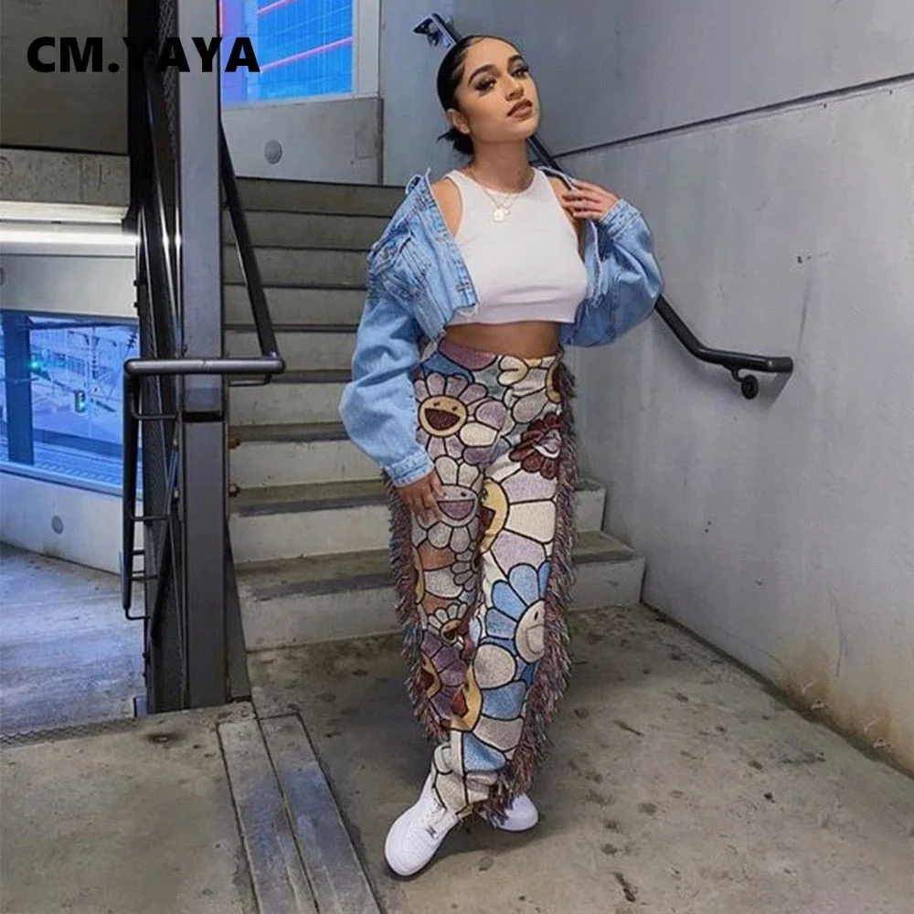 CM.YAYA Autumn Spring Women Pants High Waist Activewear Pencil Trousers Sporty Print Tassel Jogger Pants Sweatpants