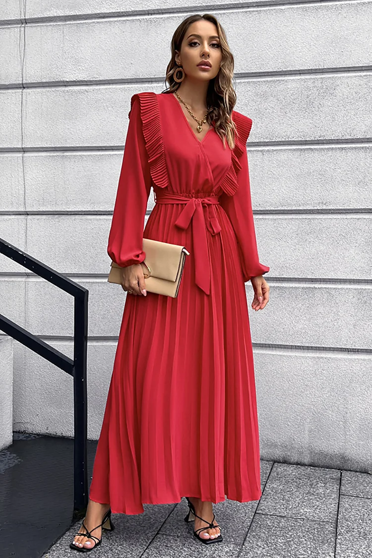 Ruffle V Neck Pleated Long Sleeve Maxi Dresses